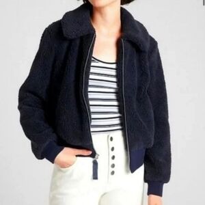 Gap Navy Blue Sherpa Fleece Bomber Jacket Size Medium